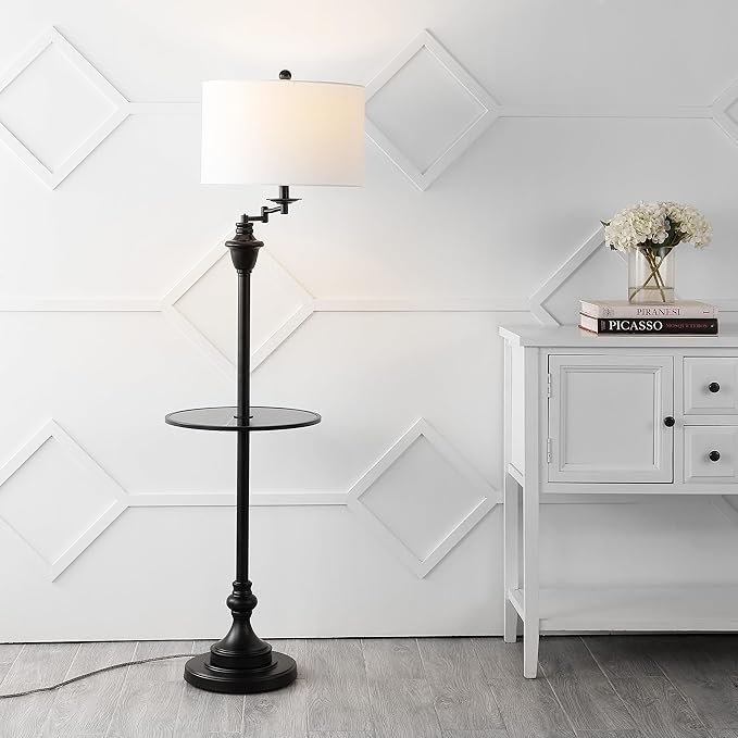 JONATHAN Y JYL3055D Cora 60" Metal/Glass LED Side Table and Floor Lamp, Contemporary,Transitional for Bedroom, Living Room, Office, Kids Room, College Dorm, Bookcase, LED Bulb Included, Black