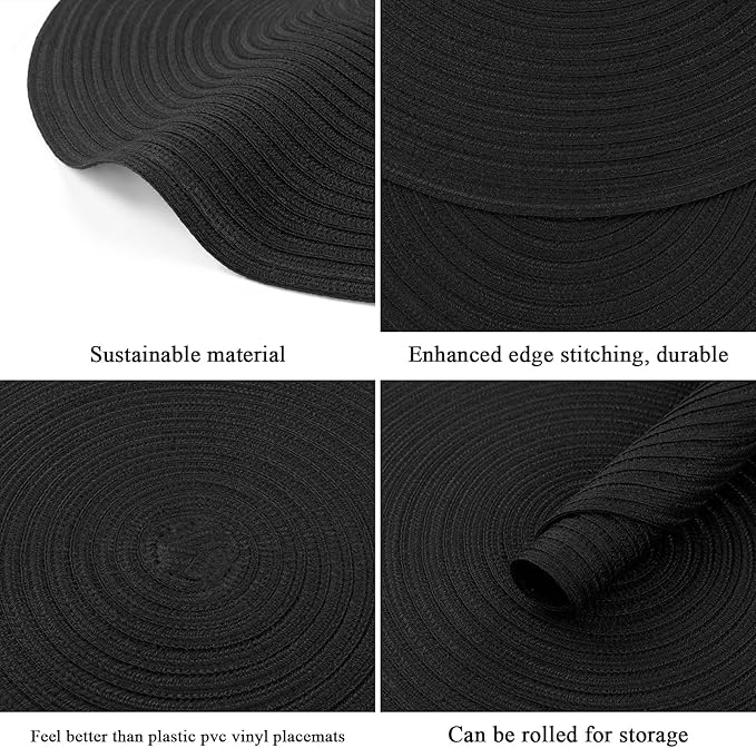 SHACOS Round Braided Placemats Set of 4 Heavy Cotton Polyester Washable Round Table Mats for Dining Tables 15 inch Non Slip Heat Resistant (Black, 4)