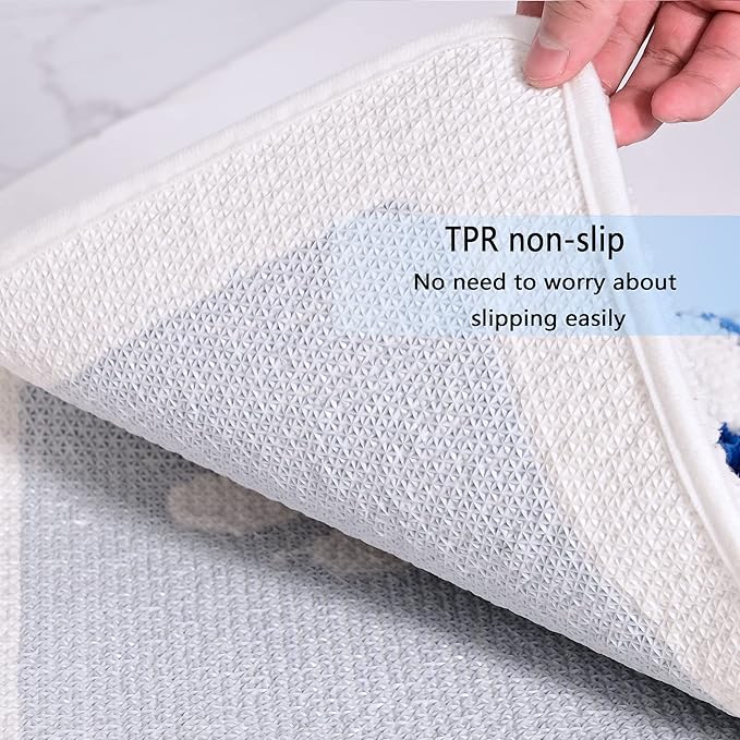 Bath Mat, White Flower, 16"x24", Non Slip, Machine Washable