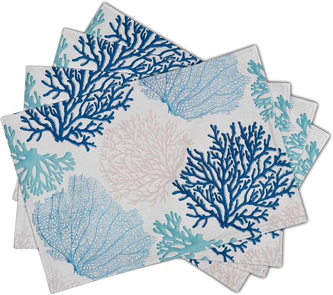 Giwawa Ocean Coral Placemats Set of 4 Summer Blue White Coral Reef Linen Table Place Mat Nautical Sea Marine Seaweed Heat-Resistant Place Mats for Dining Kitchen 12"x18"
