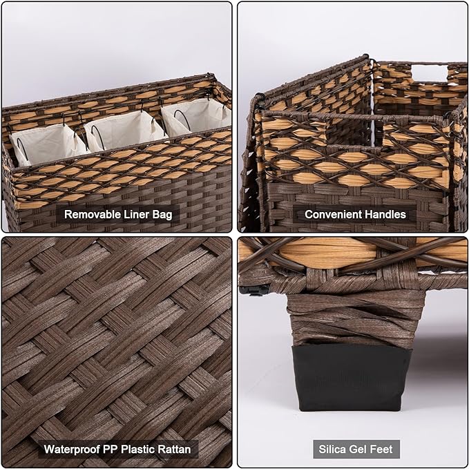 OIAHOMY Laundry Hamper with Lid, 140L Synthetic Rattan Clothes Hamper with Handles, Handwoven Large Laundry Basket with 3 Removable Liner Bags, Foldable, Laundry Room, 27*13*26 Inches, Gradient Brown
