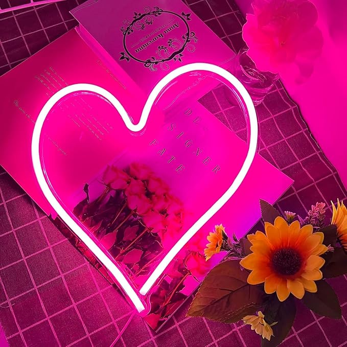 Pink Heart Neon Light, LED Heart Sign 13.413 Inch Dimmable USB Powered Romantic Bedroom Valentine's Kids Room Wedding Party Decor