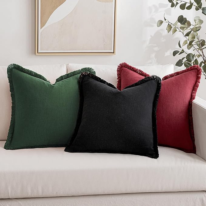 MIULEE Decorative Throw Pillow Covers Neutral Linen Fringe Throw Pillows Set of 2 Army Green Boho Farmhouse Cushion Covers with Tassels for Couch Sofa Bed Living Room Spring Home Decor 18x18 Inch