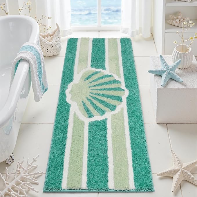 Green Beach Long Bathroom Rugs Non Slip Washable Cute Coastal Bath Mats Rugs for Bathroom Floor Nautical Fluffy Plush Soft Absorbent Farmhouse Carpet for Shower, Tub, 24x60 inch