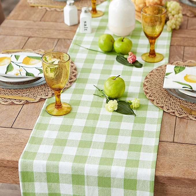 DII Heavyweight Fringed Check Tabletop Collection, Table Runner, 14x108, Bright Green