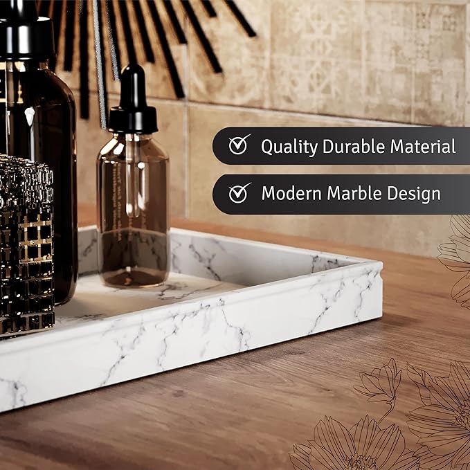 Creative Scents White Marble Tray for Bathroom - Decorative Bathroom Tray Countertop - Small Rectangle Perfume Vanity Trays for Bathroom - Marble Bathroom Accessories