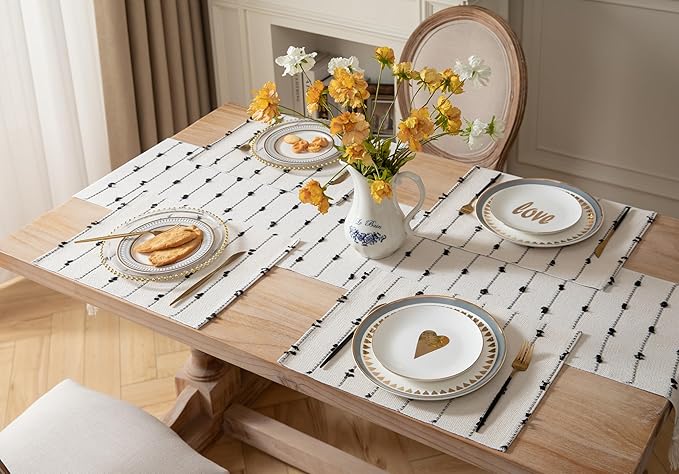 Boho Placemats Set of 6 for Dining Table Decor, Woven Cloth Place Mats for Farmhouse Rustic Kitche Home Decor, Cotton Placemats 13 x 19 Inch, Black and Beige Table mats