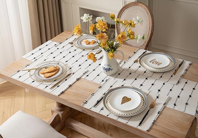 Boho Placemats Set of 4 for Dining Table Decor, Woven Cloth Place Mats for Farmhouse Rustic Kitche Home Decor, Cotton Placemats 13 x 19 Inch, Black and Beige Table mats
