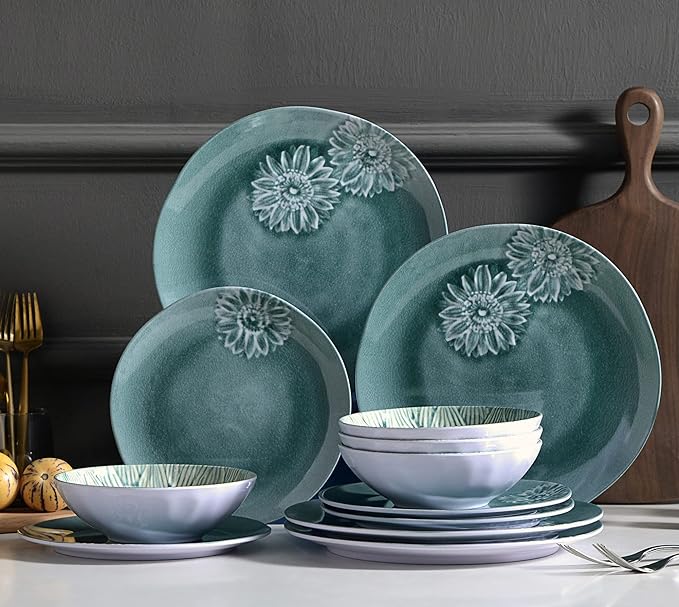 Melamine Dinnerware Sets of 12Pcs,Dishes Set for 4, Blue Dinnerware Sets, Suitable for Indoor and Outdoor Use,Unbreakable,Dishwasher Safe,BPA free