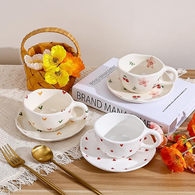 Koythin Ceramic Coffee Mug with Saucers, Handmade Flowers Mugs, Cute Cup for Girl Women, Aesthetic Tea Milk Cup with Handle, 8.5 oz/250 ml for Latte, Cocoa, Office, Home (Pink Cherry Flowers)