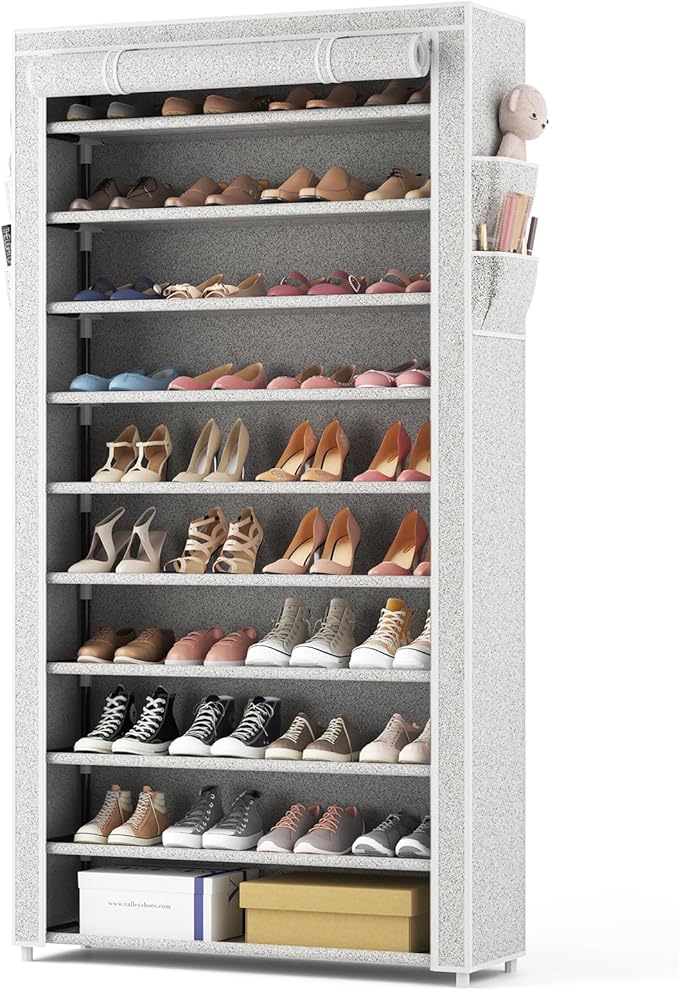 ROJASOP 10 Tier Shoe Rack with Covers Large Capacity Stackable Tall Shoe Shelf Storage for 50-55 Pairs Shoe and Boot, Sturdy Free Standing Shoe Rack Organizer for Closet, Entryway, Bedroom