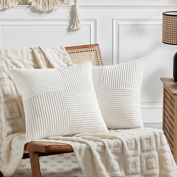 Fancy Homi 2 Packs Cream White Samll Decorative Throw Pillow Covers 12x12 Inch with for Couch Bed Sofa, Rustic Farmhouse Boho Home Decor, Soft Corss Patchwork Corduroy Square Cushion Case 30x30 cm