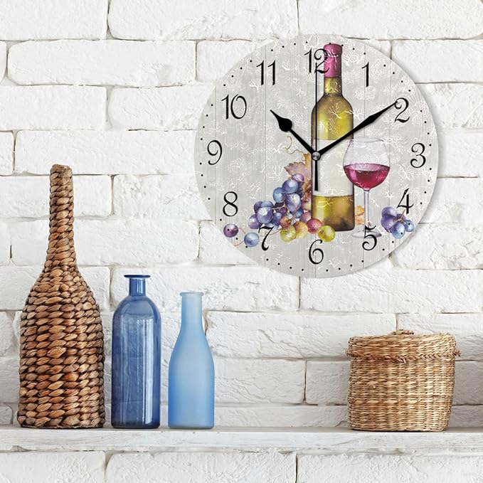 ALAZA Wall Clock Grape Wine Red Bottle Silent Non-Ticking Decorative Wall Clocks Battery Operated 10 Inch for Home Living Room Kitchen Bathroom Bedroom