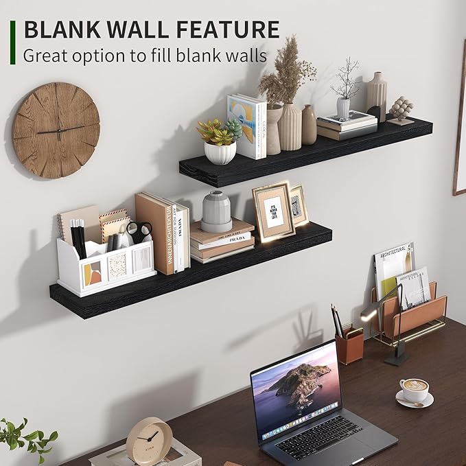Marsmiles Wood Floating Shelves for Wall Set of 2, 36 Inch Wide Rustic Wooden Floating Shelves, Invisible Wall Mounted Display for Living Room Bedroom Kitchen Bathroom Office, White