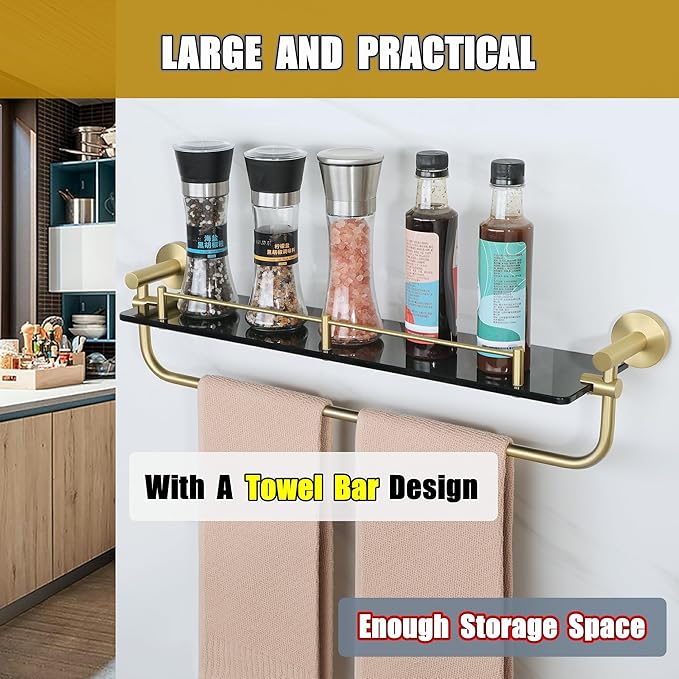 Alise Bathroom Shelves Glass Shelf with Bar,Wall Mount Floating Shelves for Bathroom,Tempered Glass Rack Holder Storage Organizer,GDL8600-GB SUS 304 Stainless Steel Gold and Black Finish
