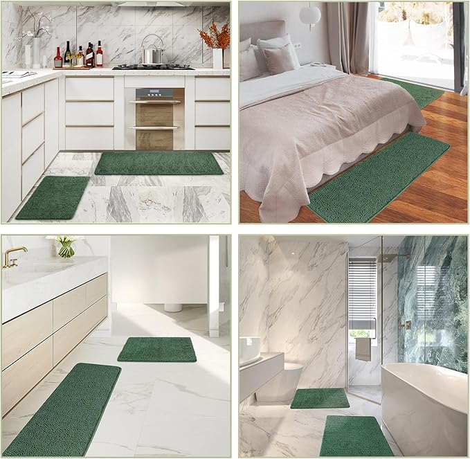 Dark Green Bathroom Rugs Sets 2 Piece – Absorbent and Washable Bath Mat, Non-Slip, Thick Soft Chenille Bath Rugs for Bathroom Floor, Shower, Sink - 17" x 24"+20" x 32"