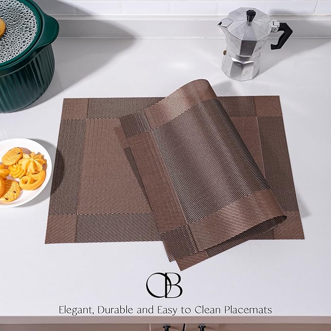 Placemats Set of 6 - Easy Clean Woven Vinyl Placemats for Dining Table, Indoor/Outdoor Place Mats, Washable PVC Table Mats(Brown Cube)