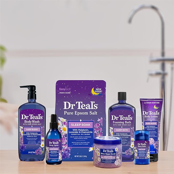 Dr Teal's Foaming Bath with Pure Epsom Salt, Sleep Blend with Melatonin, Lavender & Chamomile Essential Oils, 34 fl oz (Pack of 4)