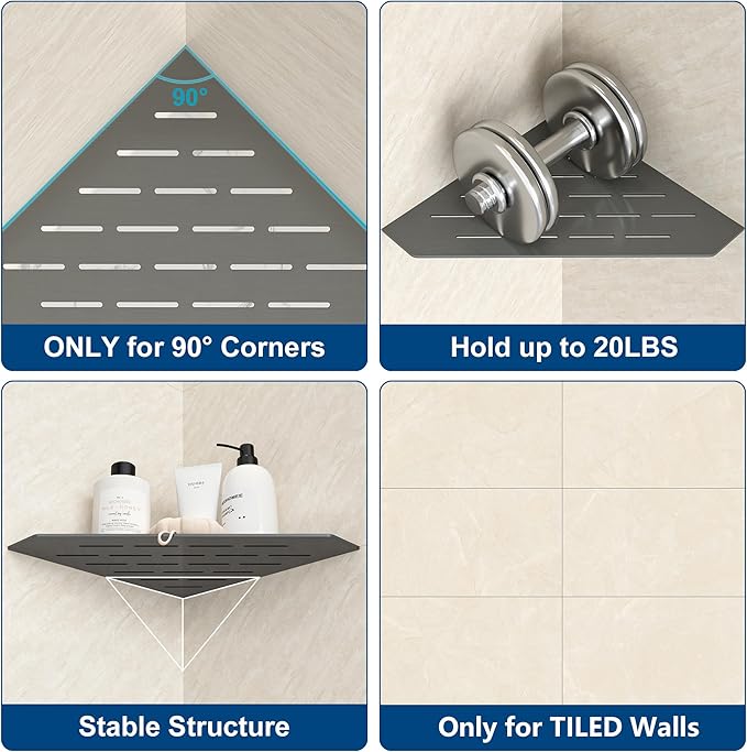 Grey Metal Corner Shelf, Floating Corner Shelves for Tile Wall, Tile Shower Shelf, 304 Stainless Steel Wall Storage Shelves for Bathroom, No Drilling, 10 Inch, 1 Pack