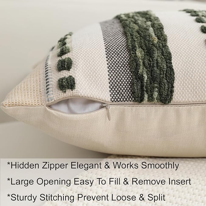 Boho Pillow Covers 18x18 Set of 2 for Couch-Modern Farmhouse Sofa Green Decorative Throw Pillow Covers Textured Chenille Cushion Covers Outdoor Netural Bohemian Bed Pillow Cases Square