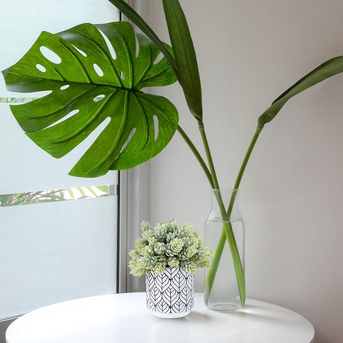 Winlyn Set of 3 Artificial Potted Succulent Plants Faux Snake Plant Hops String of Pearls in Black White Geometric Planter Small Fake Desk Plants for Kitchen Bathroom Shelf Desk Table Windowsill Decor
