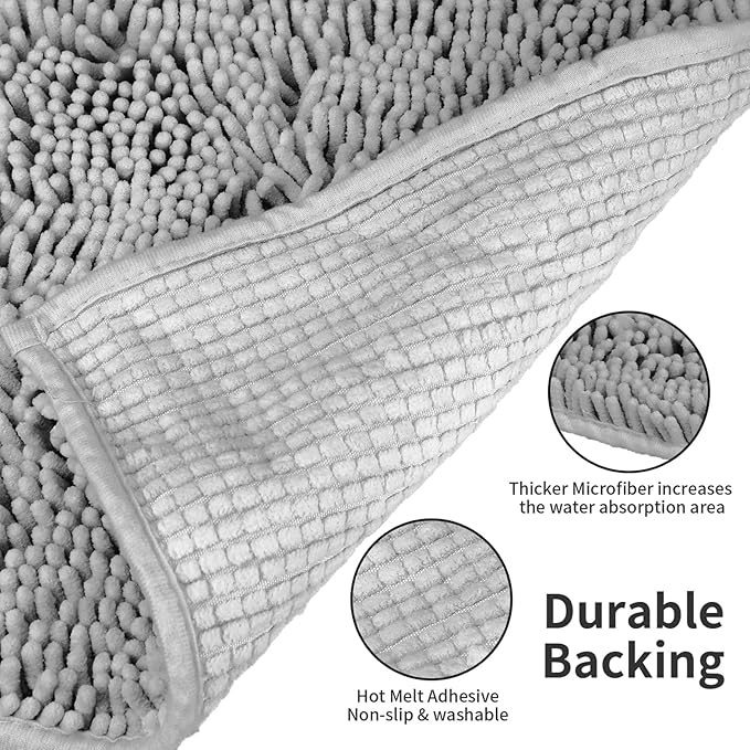 ZiYiJuan Bathroom Rugs, Super Absorbent Luxury Shaggy Chenille Bath Mats, (Light Gray,17x24+20x32(in)