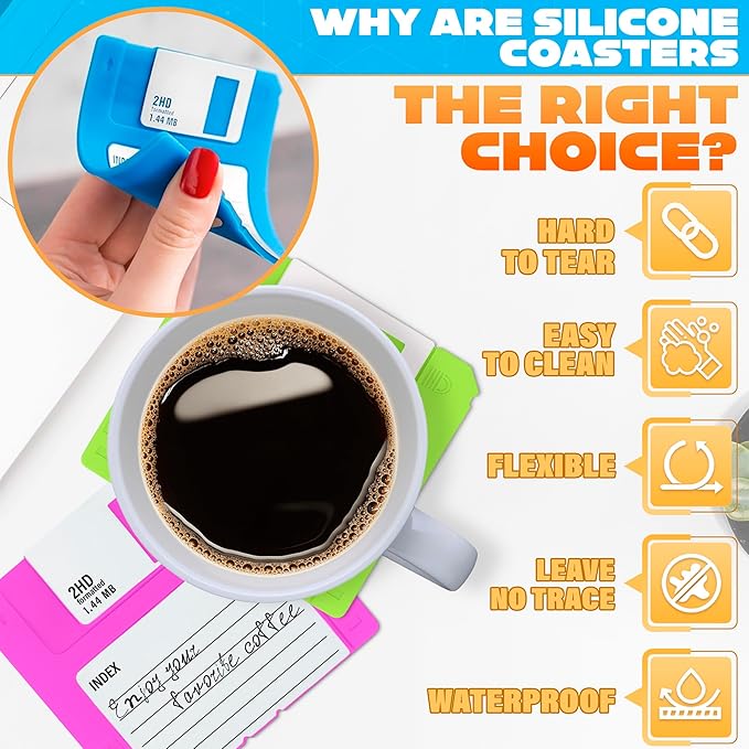 6 Pcs Floppy Disk Coaster - 6 Bright Colors Pack of 3.54x3.54x0.2 Funny Coasters for Adults Made of Durable, Flexible, Waterproof Silicone Suited for Marker Inscriptions - Cute 90s Nostalgia Gifts