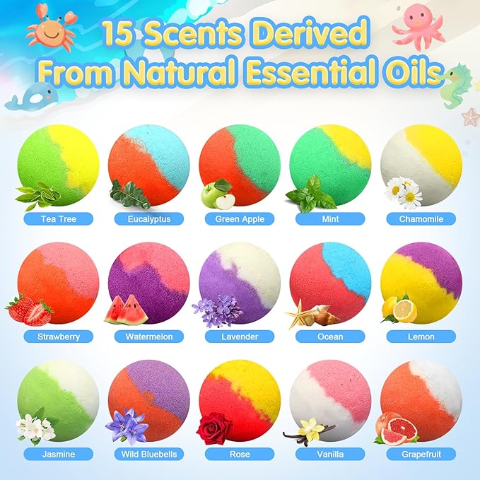 Bath Bombs for Kids - 15pcs Bath Bombs with Surprise Toys Inside, Kids Friendly & Non-Toxic Fizzy Shower Bombs for Girls Boys, Handmade Bubble Bombs Bath Gift for Birthday, Christmas