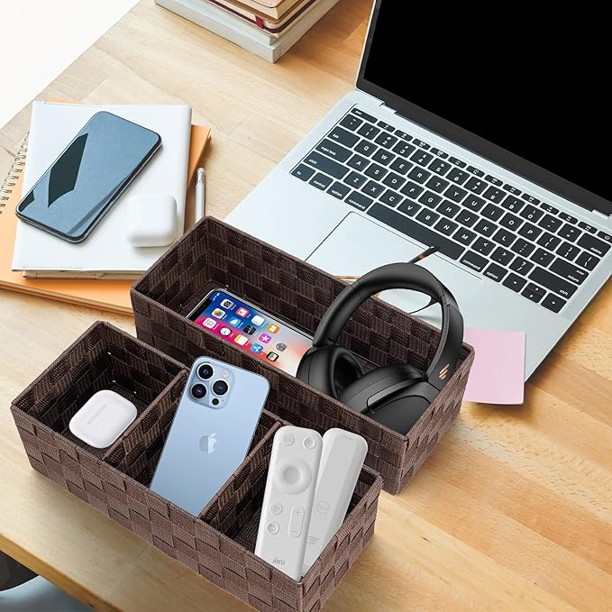 Drawer Organizer, Cube Baskets for Storage Shelves, Handmade Small Woven Basket, Shallow Storage Bins for Organizing Desk, Dresser, Kitchen, Pantry, Nested 7 Pack, Brown