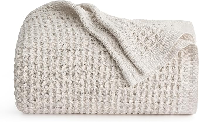 Bedsure 100% Cotton Large Throw Blanket for Couch 50x70 inches - Breathable and Soft, Waffle Weave Throw Blanket for Office, Khaki (a Little Bit Yellow)