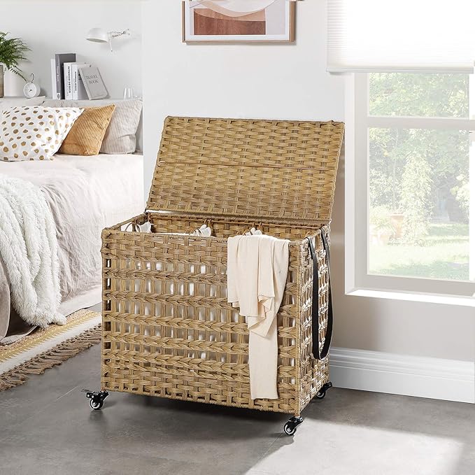 SONGMICS Laundry Hamper with Lid, 140L Synthetic Rattan Laundry Basket with Wheels, Clothes Hamper with 3 Removable Liner Bags, 3-Section Hampers with Handles, Laundry Room, Natural ULCB083N01