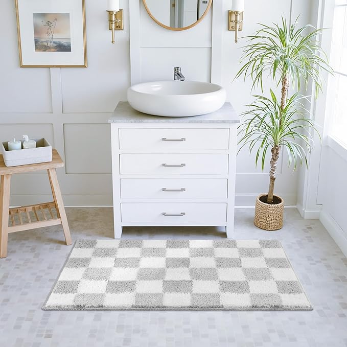 GRANNY SAYS Checkered Grey Bathroom Rugs, 36" x 24", Non-Slip Bath Mats for Bathroom, Plush Shag Absorbent Microfiber Ultra Soft Bath Mat, Cute Washable Rug for Tub, Shower, Bedroom