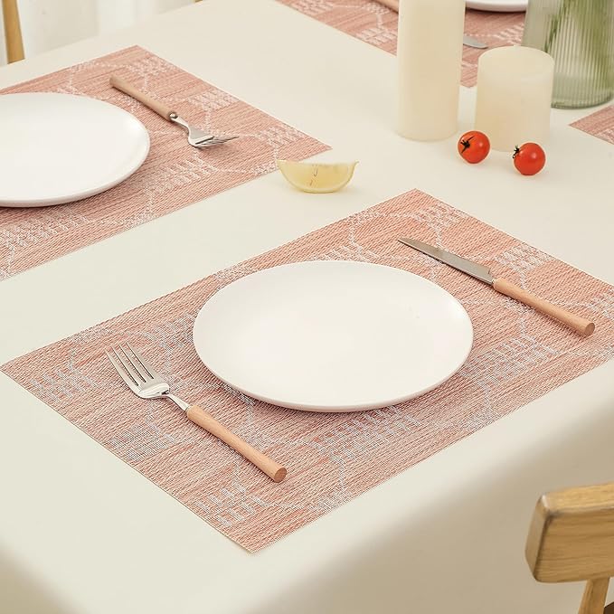 Leetaltree Coral Placemats Set of 12 - Heat Resistant Non-Slip Place mats for Dining Table, Washable Durable PVC Vinyl Woven Table Mats(Coral, 12)