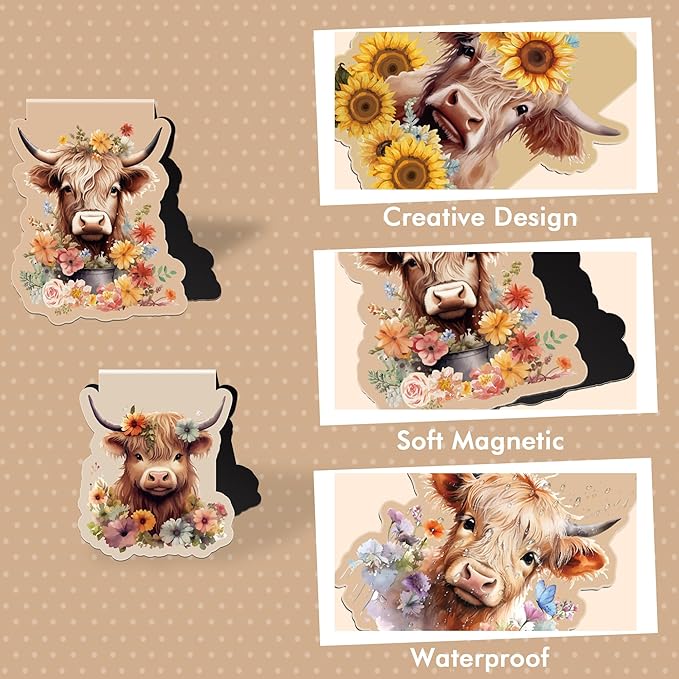 Highland Cow Magnetic Bookmarks: 12 Pcs Cute Cow Magnet Book Page Markers, Flower Animal Book Mark Clips for Reading, Gifts for Kids Women Students Book Lovers Office School Supplies