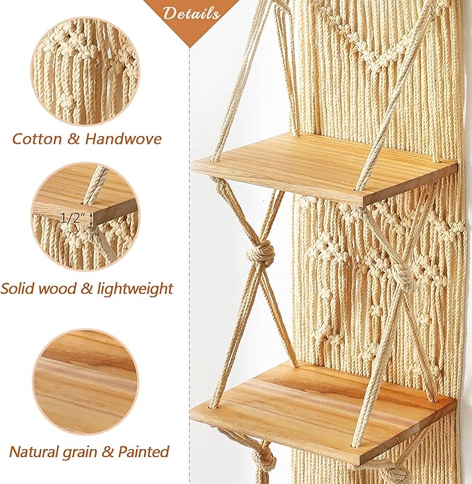 MAKEONEWO Macrame Wall Hanging Shelf Set of 2 Macrame Shelves Handmade Decorative Floating Boho Shelf-Plant Shelf Display Rack to Organize and Decor for Living Room, Bedroom, Bathroom (10" W/2 Tier)