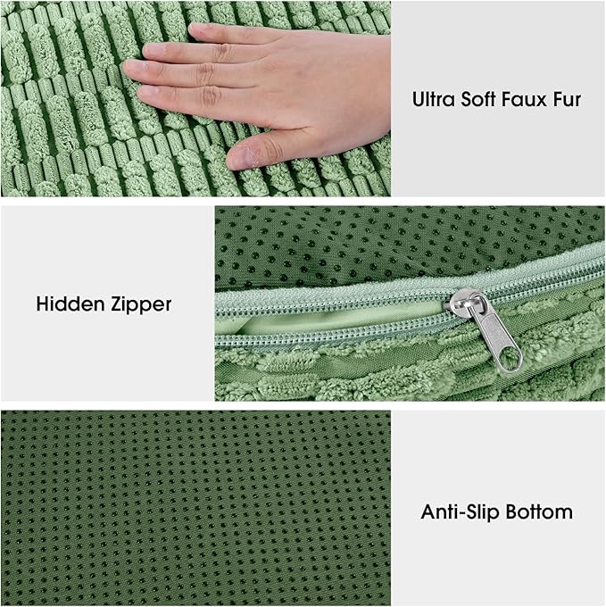 HOMBYS Unstuffed Ottoman Pouf Cover,Round Faux Fur Foot Stool, Fuzzy Chair, Floor Bean Bag(No Filler),Foot Rest with Storage for Living Room, Bedroom, Office, Striped Tufted (Sage Green)