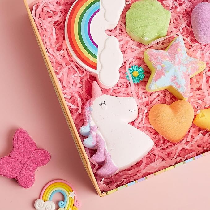 EBS Rainbow Bath Bombs Gift Set, 9 Pcs Handmade Bubble Bath Fizzies, Unicorn Bath Bomb Set for Girls, Natural Organic Bath Bombs Safe for Kids & Toddlers, Gift for Valentine's Day