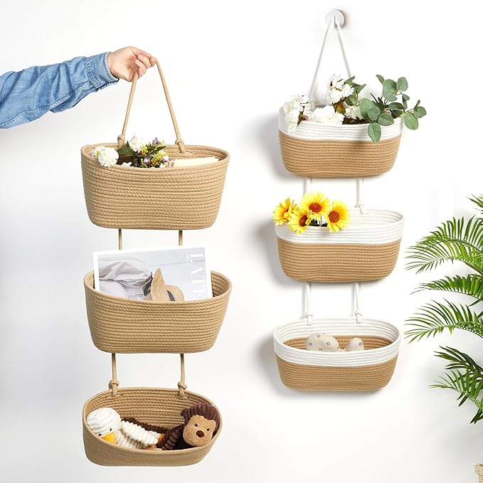 DULLEMELO Wall Baskets for Storage, 3-Tier Woven Cotton Hanging Baskets for Organizing, Jute Wall Hanging Baskets with Door Hooks, Over The Door Basket