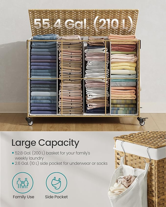 SONGMICS Laundry Hamper with Lid, 55.4 Gallons (210 L), Rolling Laundry Basket with Wheels, 4-Section Synthetic Rattan, Removable Liner, Bedroom, 33.9 x 15.7 x 26 Inches, Natural Color ULCB460Y01