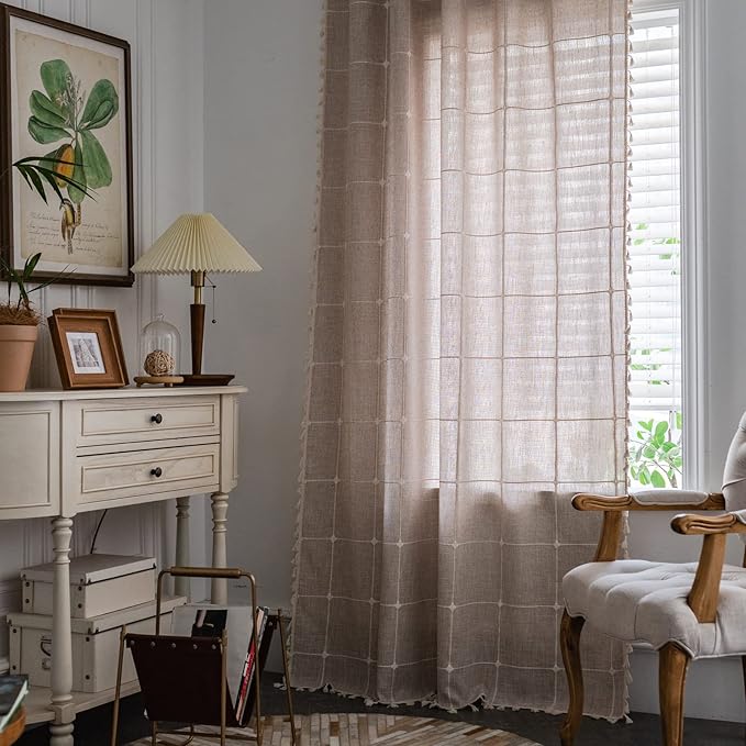 ColorBird Farmhouse Semi-Blackout Window Curtains 2 Panels Embroidery Lattice Cotton Linen Darkening Curtains with Tassel Rod Pocket Window Drapes for Dining Living Bedroom (52" W x 63" L, Linen)