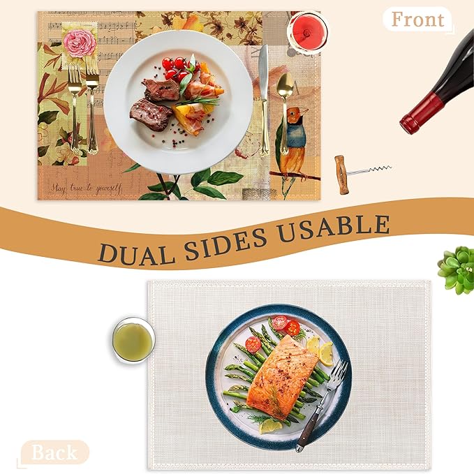 Vintage Roses Placemats Set of 6,Washable Heat Resistant 12×18 Inch Linen Table Mats Summer Flower Place Mats for Party Outdoor Dining Décor