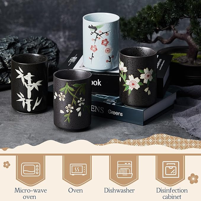 4 Pcs Japanese Tea Cups Handle Less Ceramic Japanese Gifts Chinese Restaurant Teacups Japan Mug Souvenirs for Matcha Bancha Green Tea(10 oz,Sakura)