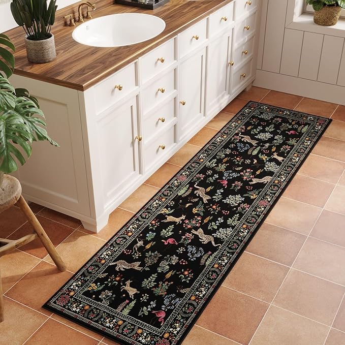 Runner Rug for Kitchen Rug Non Slip 2'6''x8' Washable Rugs with Rubber Backing Soft Floral Animal Carpet Runner for Kitchen, Laundry, Bedroom, Bathroom (Black)