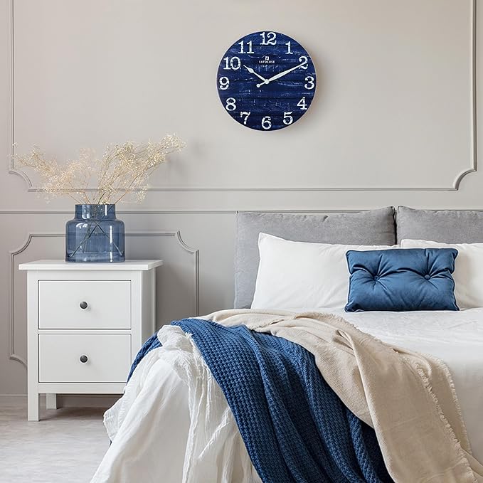 Lafocuse 12 Inch Silent Navy Blue Wall Clocks for Kitchen Living Room Decor, Wooden Rustic Wall Clock Battery Operated, Decorative Farmhouse Clock