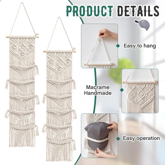 2 Pcs Baseball Cap Holder, Boho Macrame Hat Organizer for Wall, over the Door Hat Rack for Decoration and Display Handmade Hanger for Baseball Holder up to 20 Caps(White)
