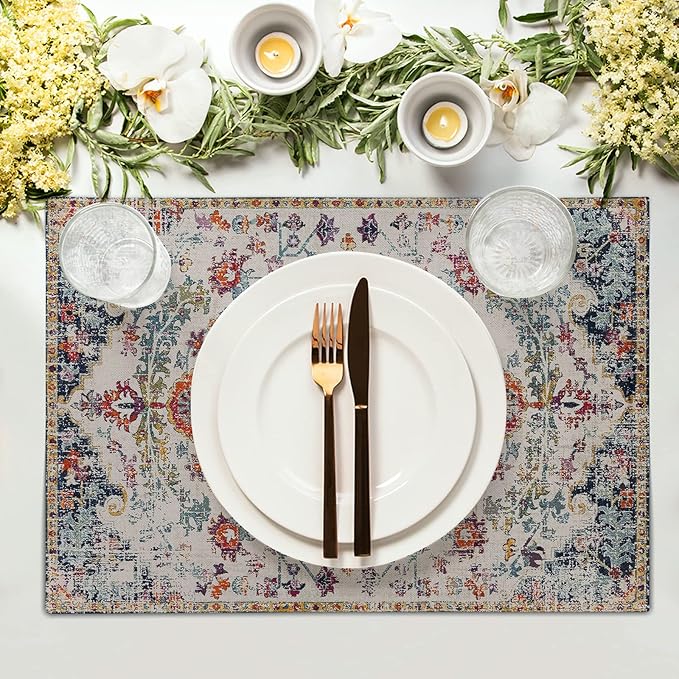 Boho Carpet Placemats Set of 4 Vintage Orange Blue Ethnic Bohemian Floral Carpet Linen Washable Kitchen Dining Table Mats Stain Heat-Resistant Desktop Decor Place Mats for Home Party Indoor 12x18 in