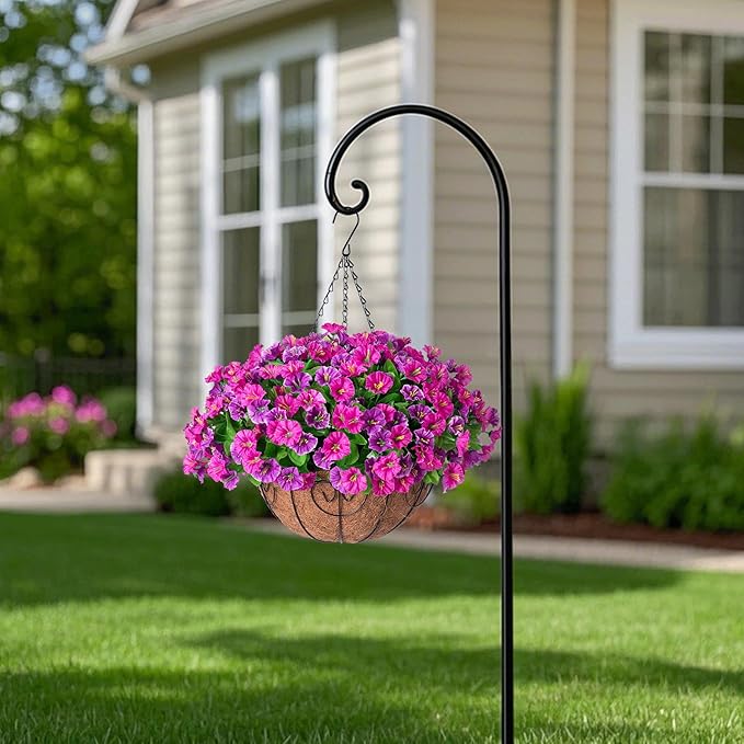 Artificial Hanging Flowers with Basket, Faux Silk Petunias Flower Arrangement, Coconut Lining with Morning Glories Fake Plants Patio Garden Porch Deck Spring Summer Decor(Lotus and Fuchsia)