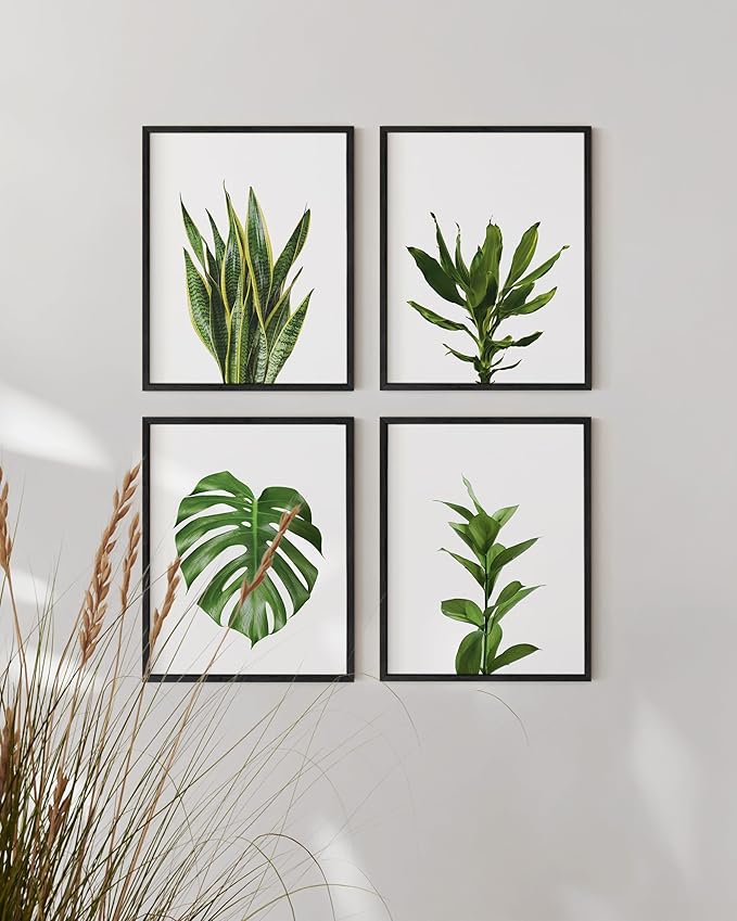 HAUS AND HUES Plant Wall Art - Set of 4 Plant Pictures Wall Art and Green Wall Art Collection, Botanical Prints, Sage Green Leaves Paintings For Wall, Minimalist Wall Art (Black Frame, 11x14)