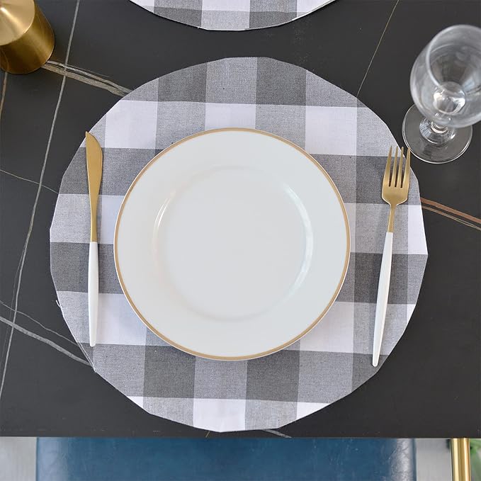 Grey & White Cotton Buffalo Check Round Placemat, Set of 4, 15 Inch eco-Friendly Fabric Handcrafted Machine Washable Indoor & Outdoor Tablemat