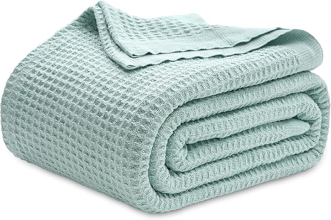 Bedsure 100% Cotton Blanket King Size for Bed - Breathable and Soft, Waffle Weave Blanket for Summer Spring, Mint, 104x90 inches